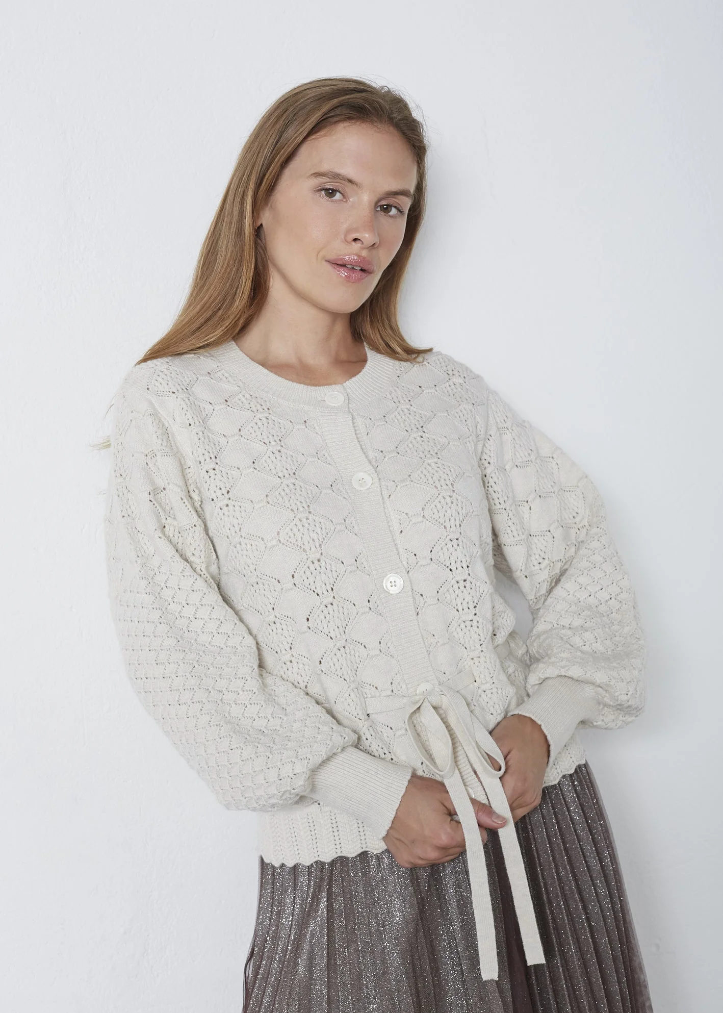 Co’Couture Rowcc Pointelle Tie Cardigan Ivory - Image 3