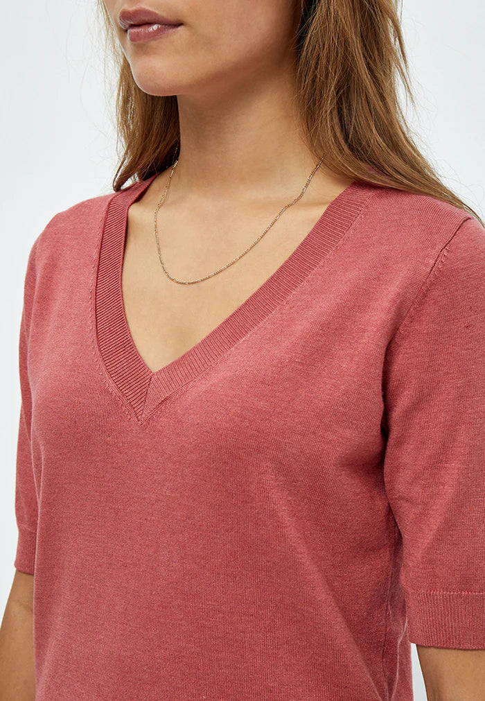 MSMilla V-Neck Knit Tee 4201M Dusty Cedar Red Melange - Image 3